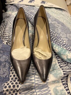 Coach Pointed Toe Metallic Pewter Heels